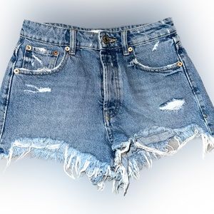 Zara High Waisted Distressed Frayed Denim Shorts